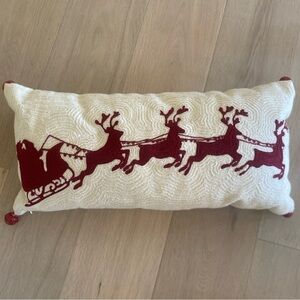 Pottery Barn Crewel Christmas Pillow Santa Reindeer Sleigh Bells 24 x 12
